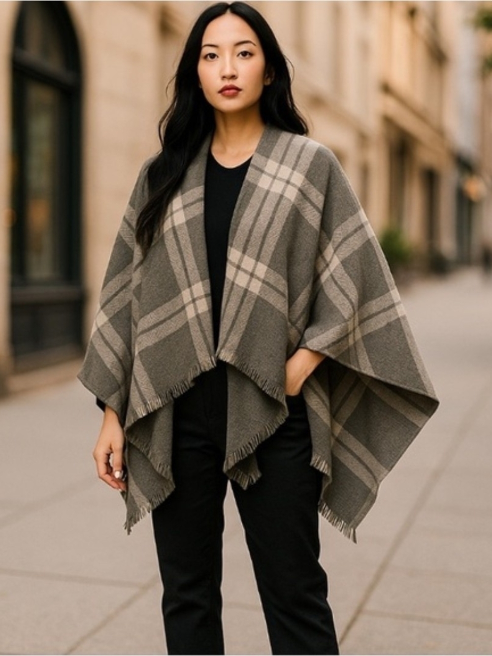 Banana Republic Reversible Gray Plaid Poncho Wrap NWT Womens One Size